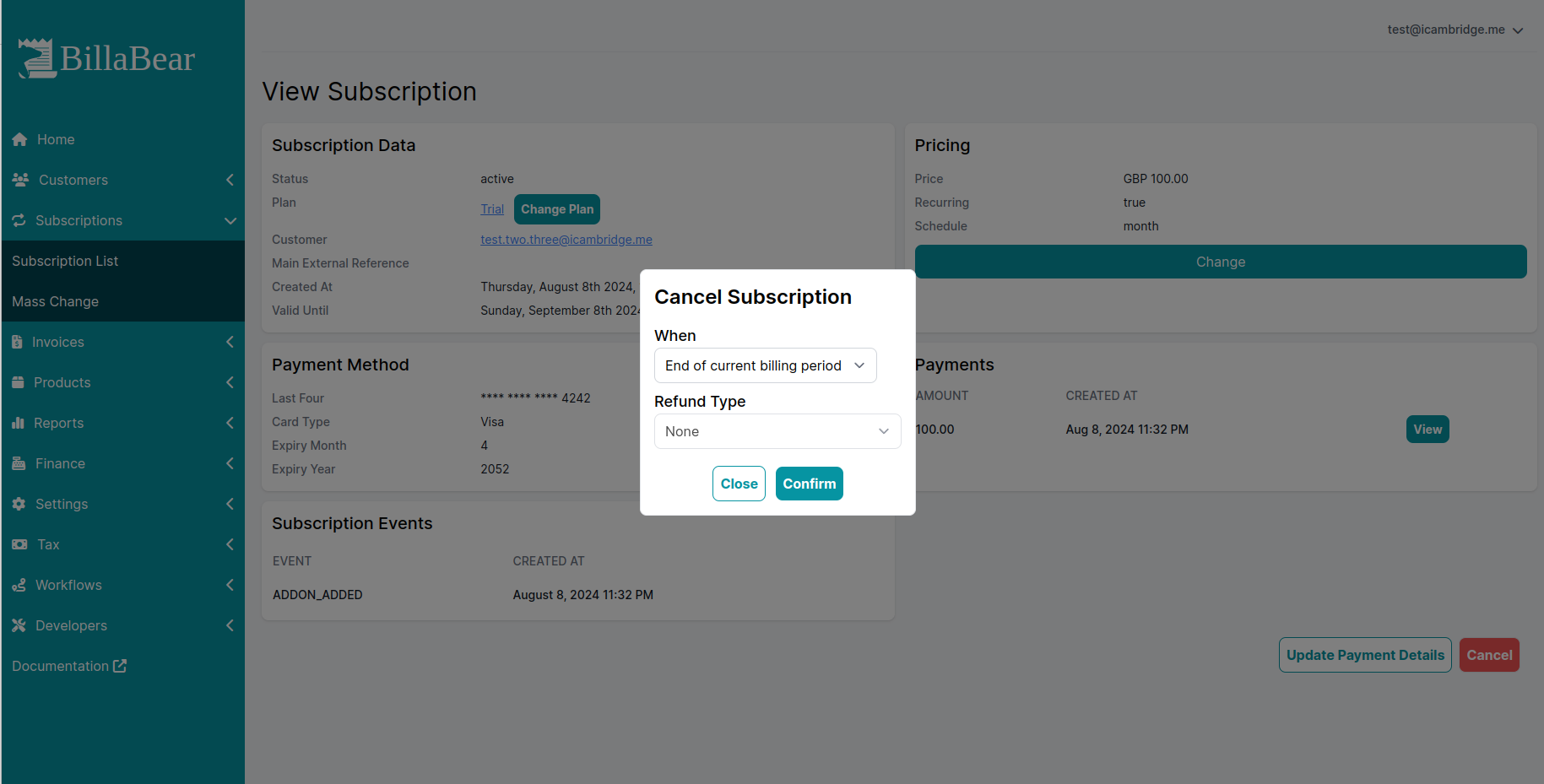 Screenshot of subscription overview page with cancel modal