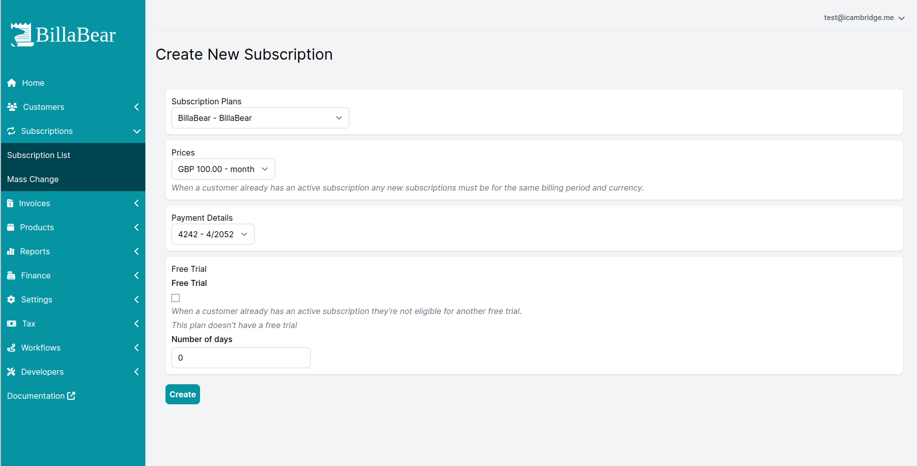 Screenshot of subscription create page