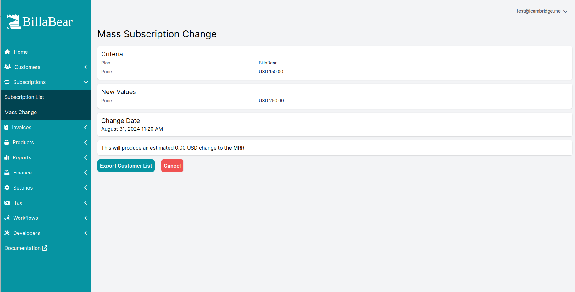 Screenshot of subscription mass change page