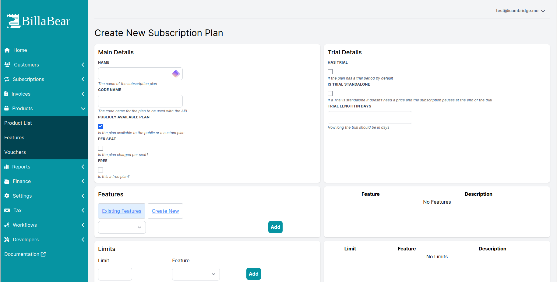 Screenshot of subscription plan creation page