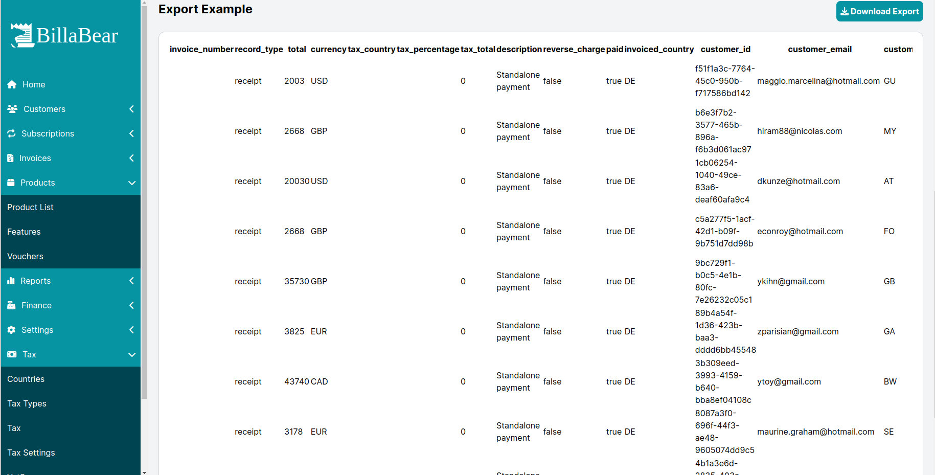 Screenshot of tax export sample