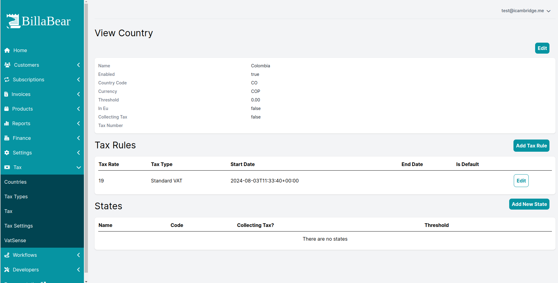 Screenshot of country overview page