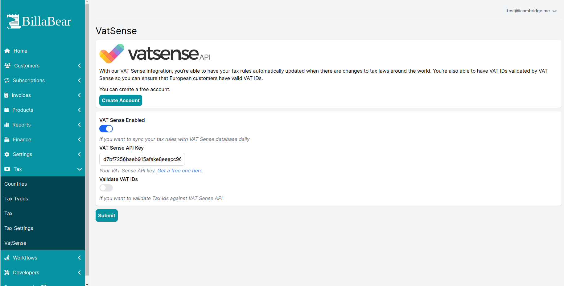 Screenshot of vatsense page